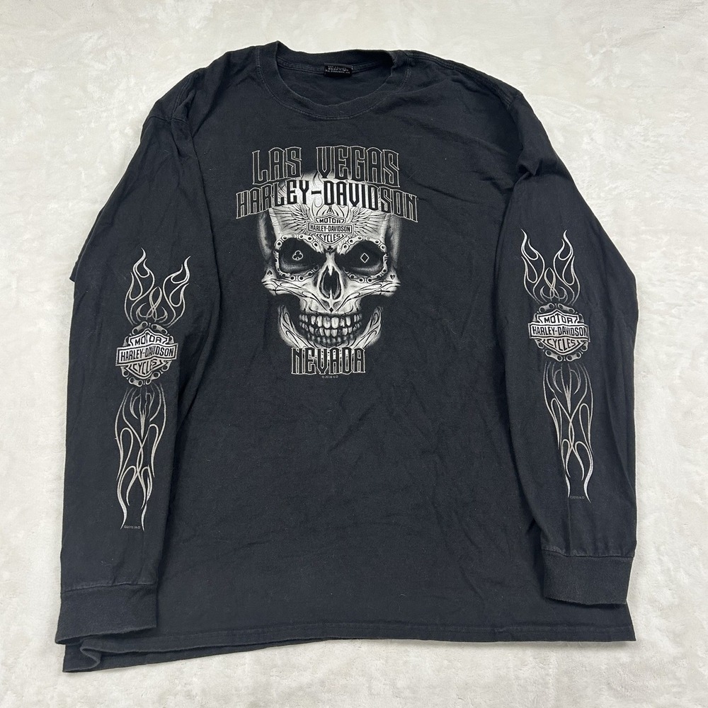 Harley-Davidson Long Sleeve Shirt Mens XL Black Las Vegas Skull Graphic Flame